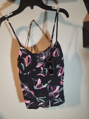 Volcom Black Floral Button-Front Cami with Pink & Teal Accents